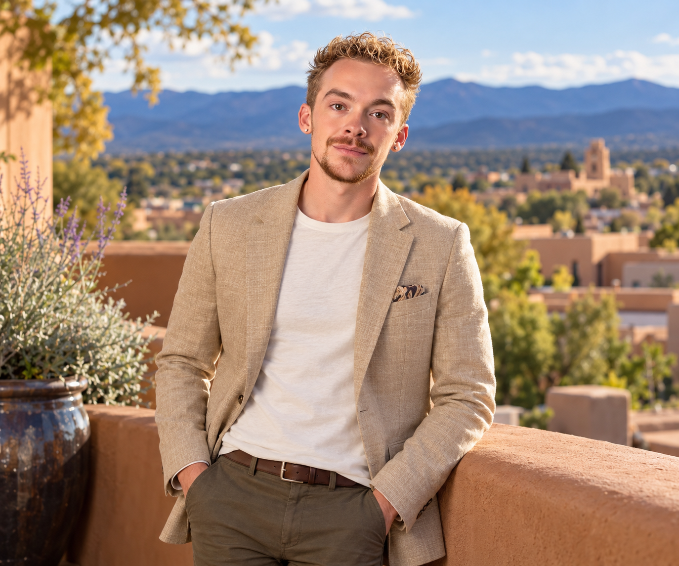 Alan Barry in a casual blazer outside a Santa Fe adobe building